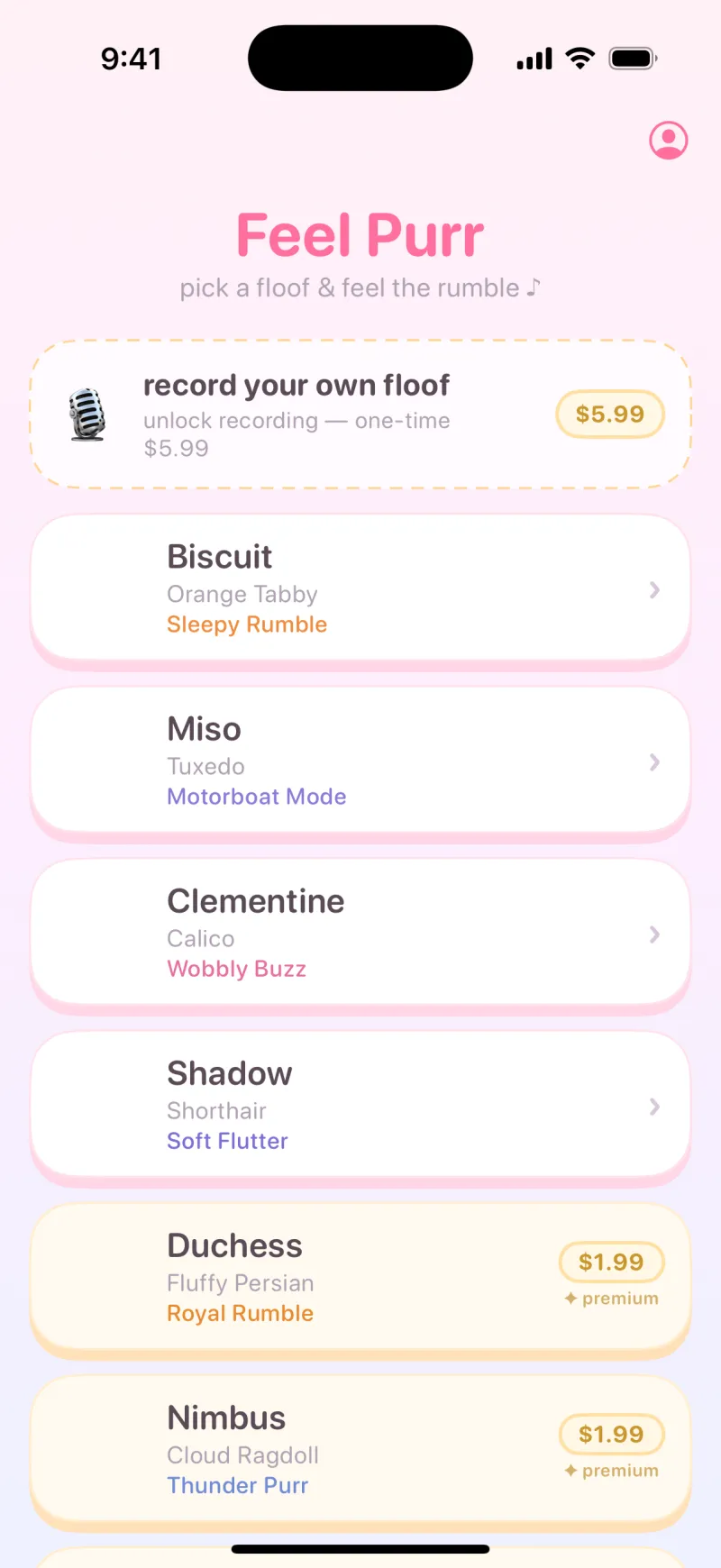 The Feel Purr cat list