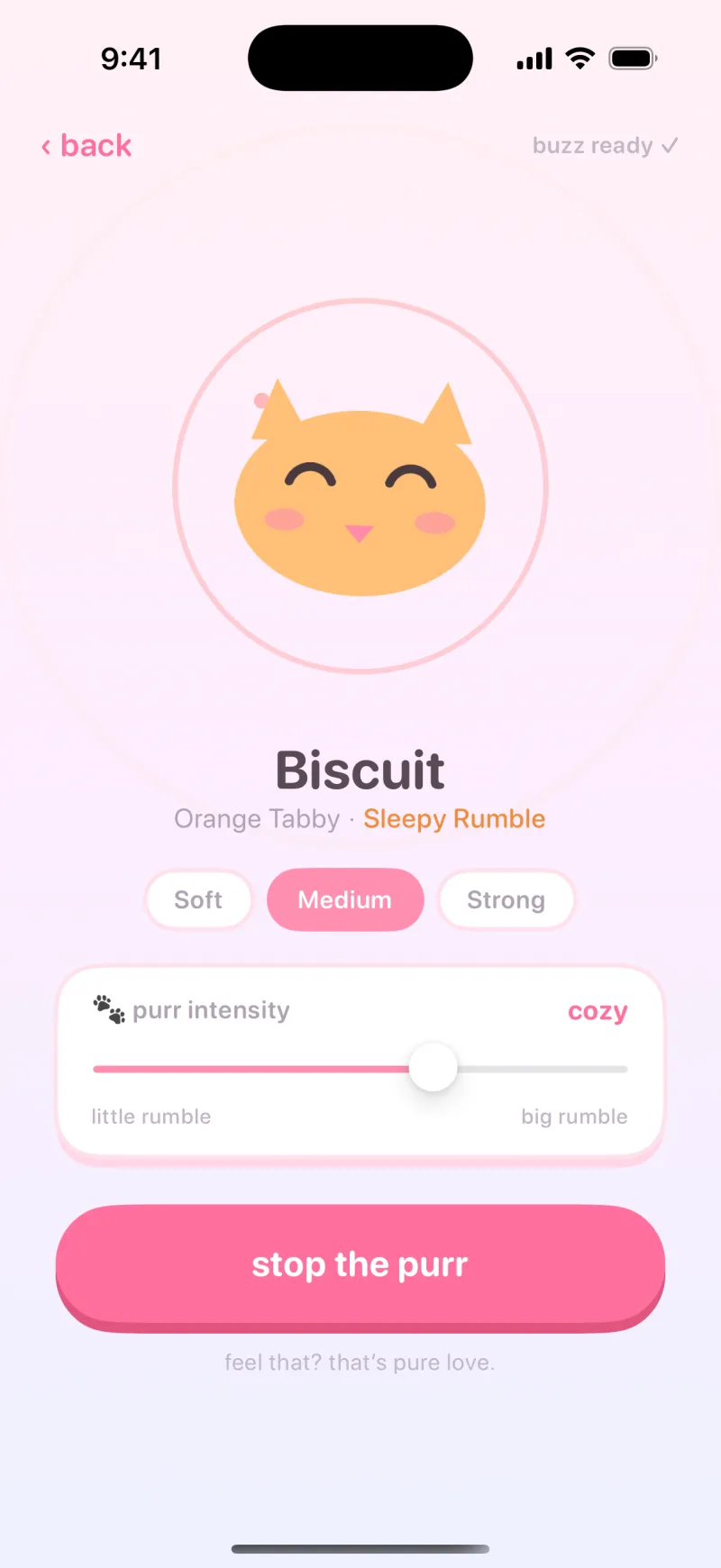 Feel Purr mid-purr: a happy cat with closed eyes, purr rings, and a stop-the-purr button